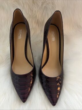 Michael Kors Deep Burgundy Snakeskin-Textured Pointed Pumps